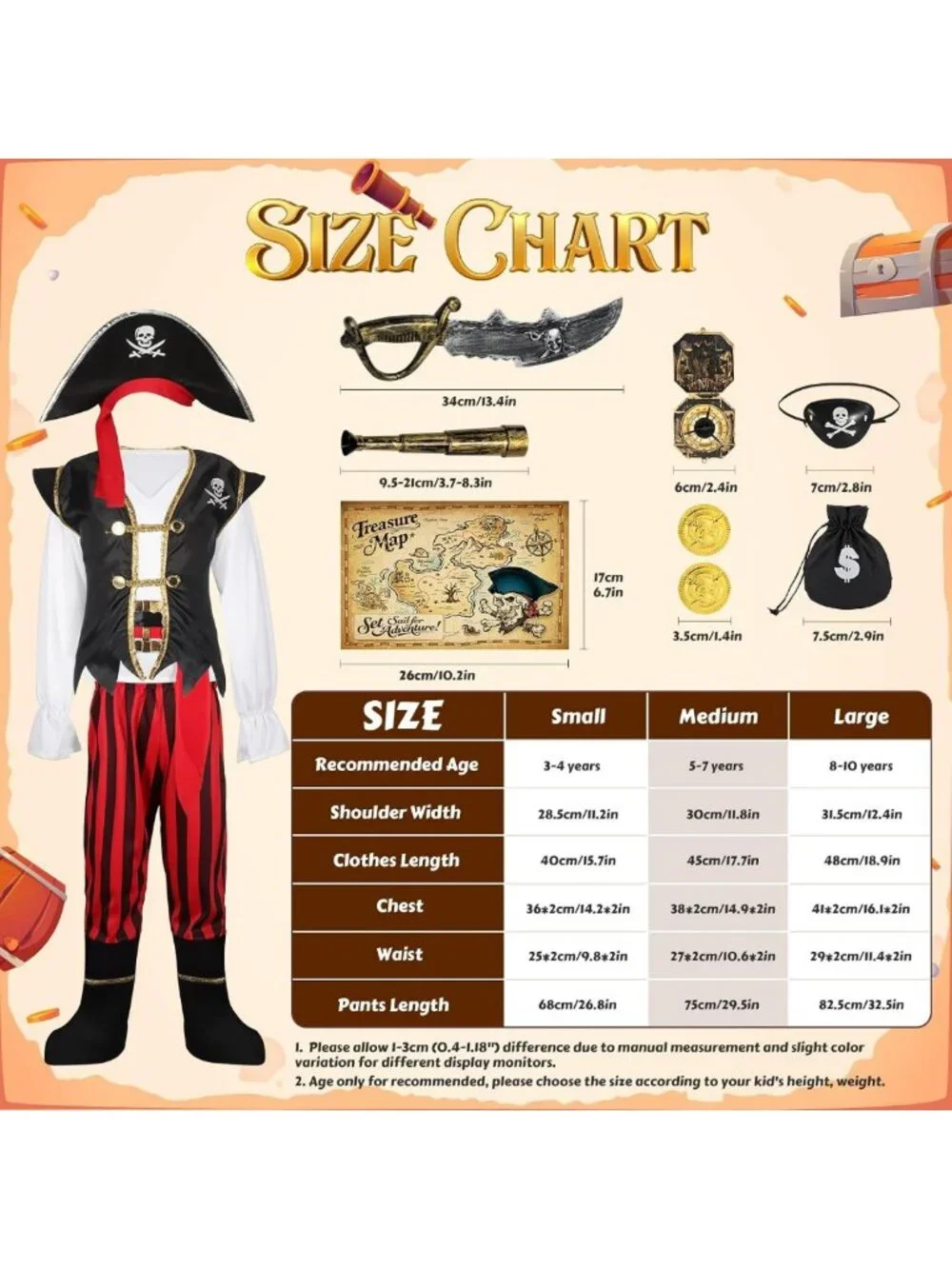 Kids Pirate Costume for Boys - Halloween Dress Up, Toddler Role Play Outfit